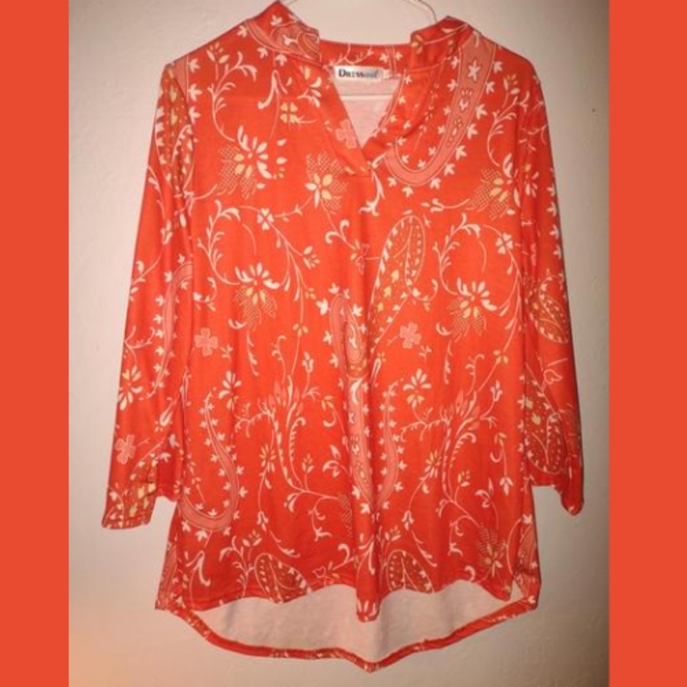 Dresswel Red Blouse with Floral and Leaf Print